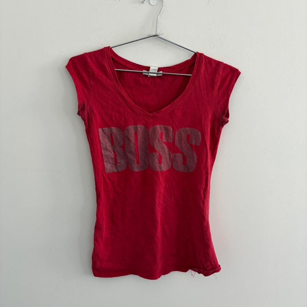 Hugo Boss Red Graphic Print V-Neck Cap Sleeve T-Shirt